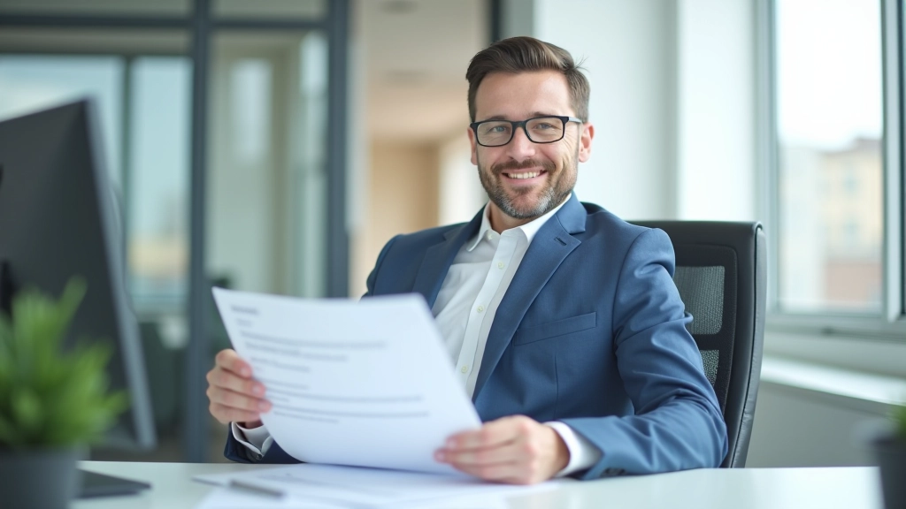 Person smiling at desk with completed quarterly report document, satisfied expression showing process completion and success