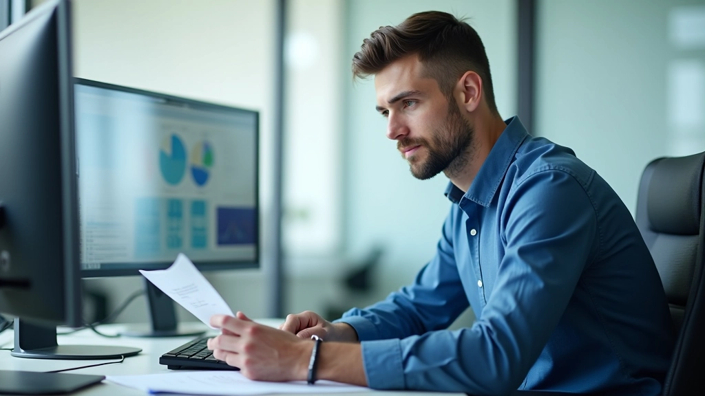 Analyst reviewing automated report on dual monitors with satisfaction, modern office workspace