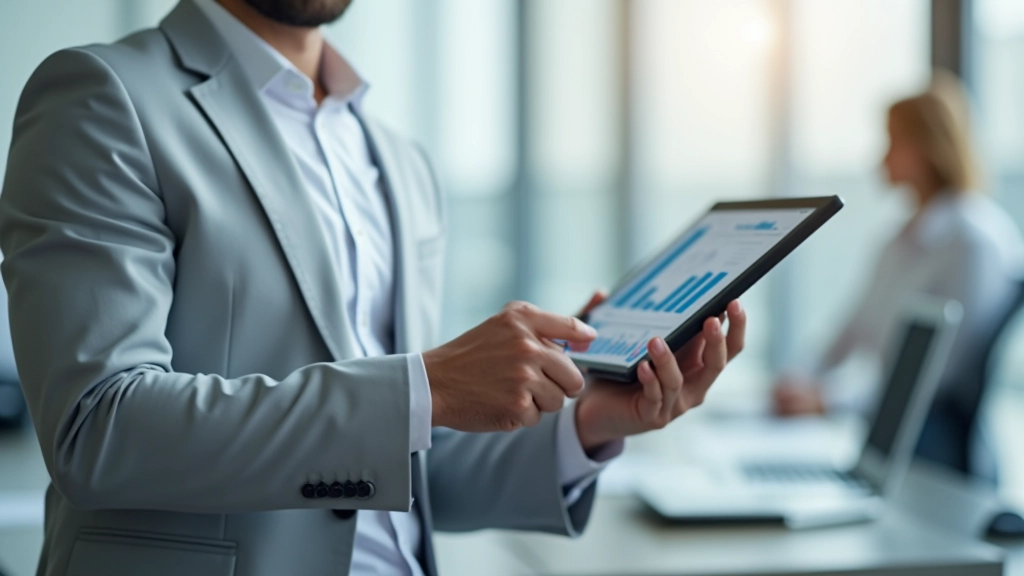 Hands holding tablet showing financial dashboard with charts and metrics during business meeting