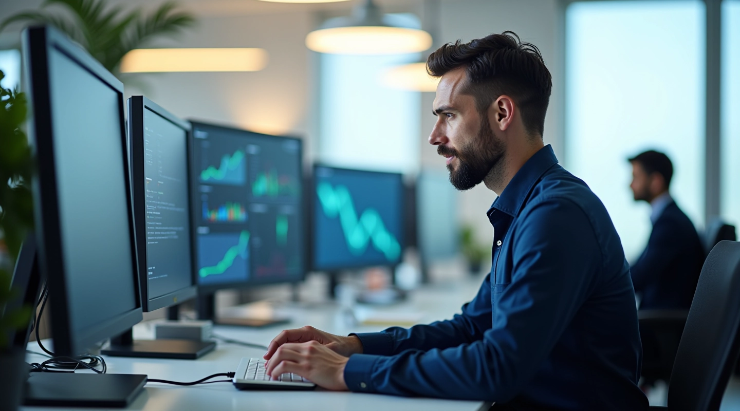 Financial analyst reviewing quarterly reports at desk with multiple data visualizations displayed