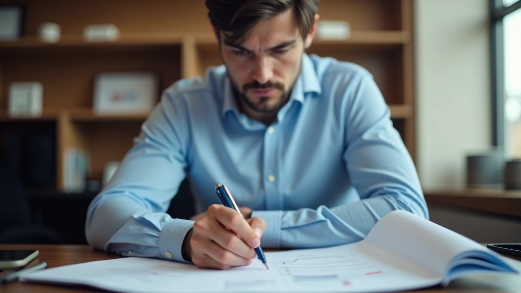 Quality assurance professional reviewing printed document with red pen making corrections and notes