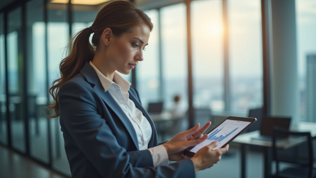 Business professional in suit reviewing quarterly results on tablet device